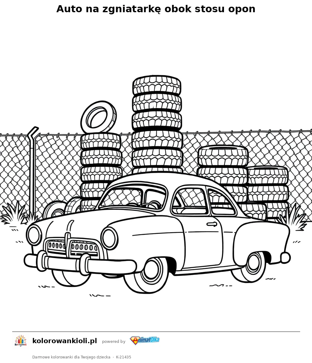 Auto na zgniatarkę obok stosu opon — kolorowanka do wydruku dla dzieci
