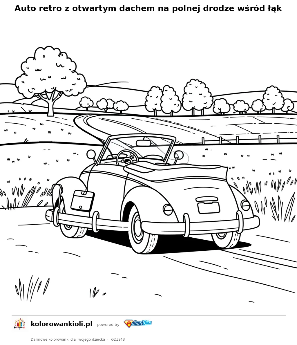 Auto retro z otwartym dachem na polnej drodze wśród łąk — kolorowanka do wydruku dla dzieci