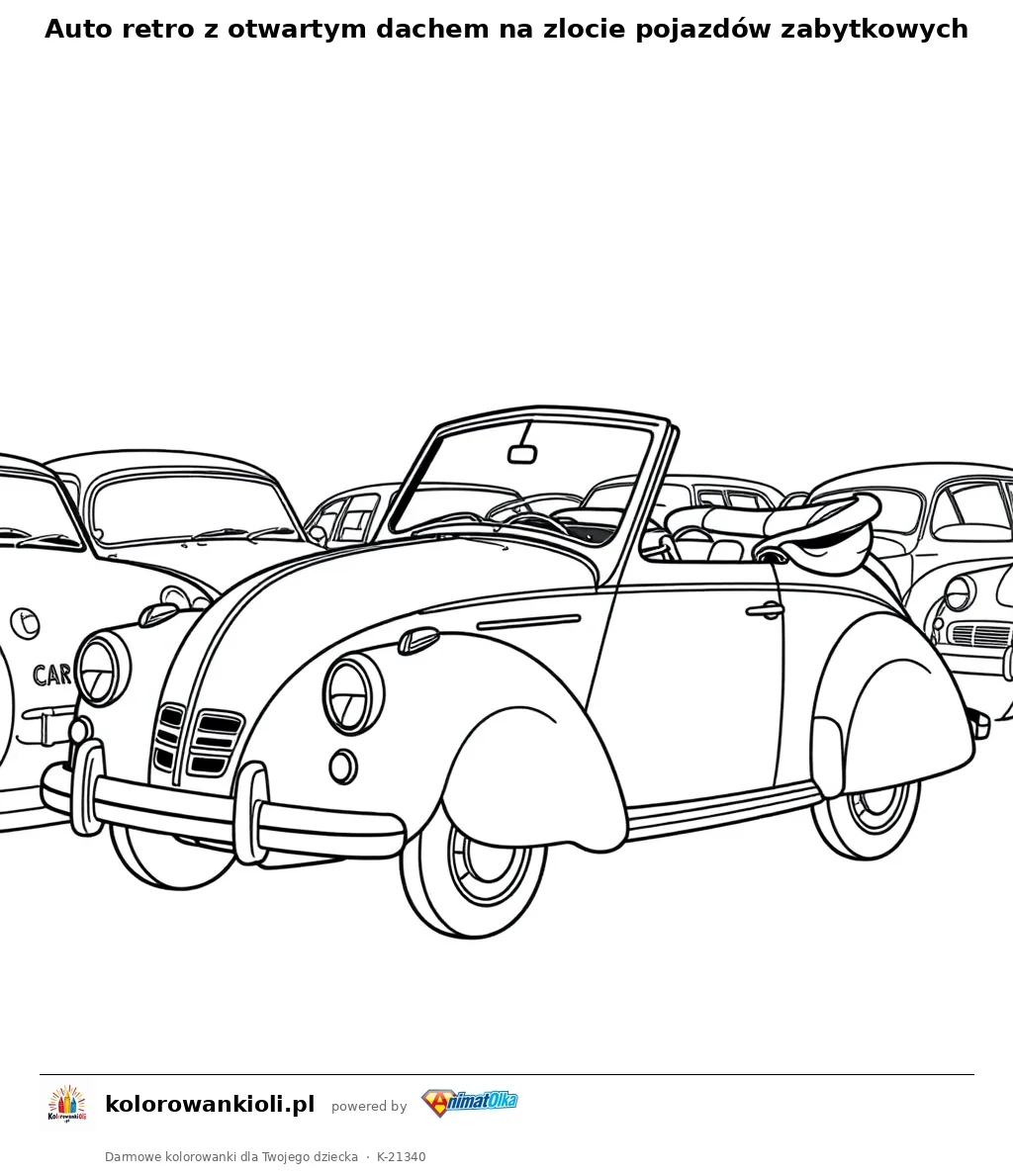 Auto retro z otwartym dachem na zlocie pojazdów zabytkowych — kolorowanka do wydruku dla dzieci