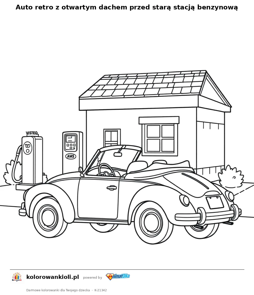 Auto retro z otwartym dachem przed starą stacją benzynową — kolorowanka do wydruku dla dzieci