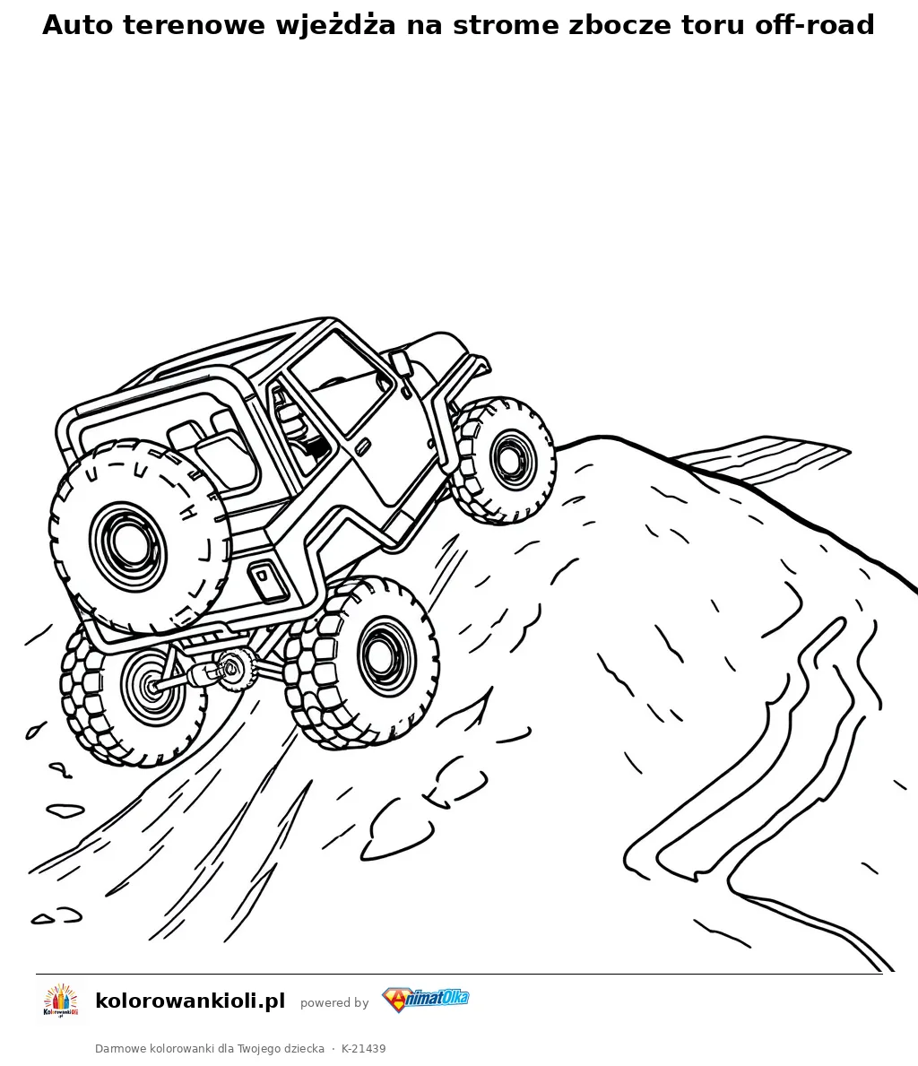 Auto terenowe wjeżdża na strome zbocze toru off-road — kolorowanka do wydruku dla dzieci