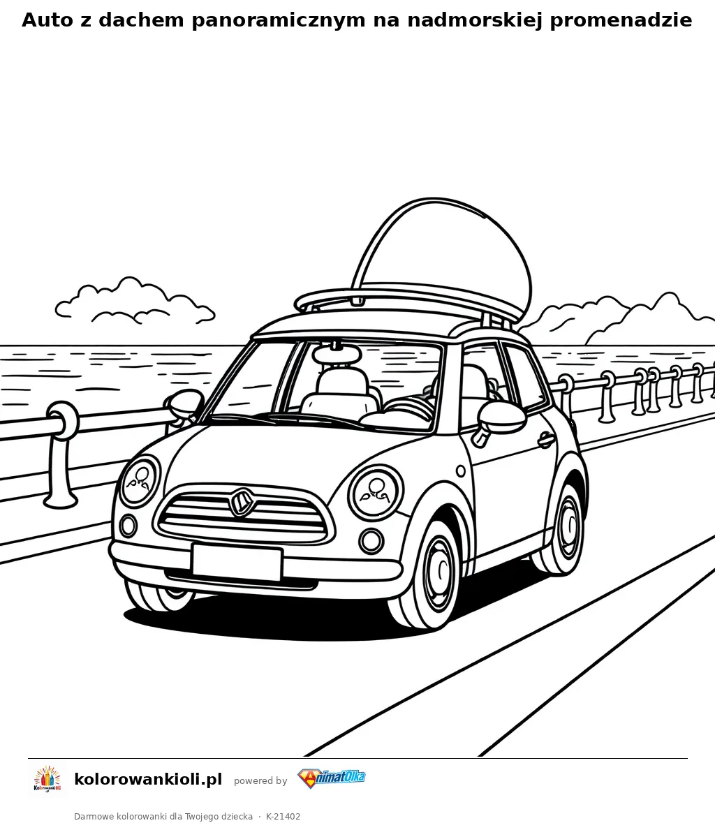 Auto z dachem panoramicznym na nadmorskiej promenadzie — kolorowanka do wydruku dla dzieci