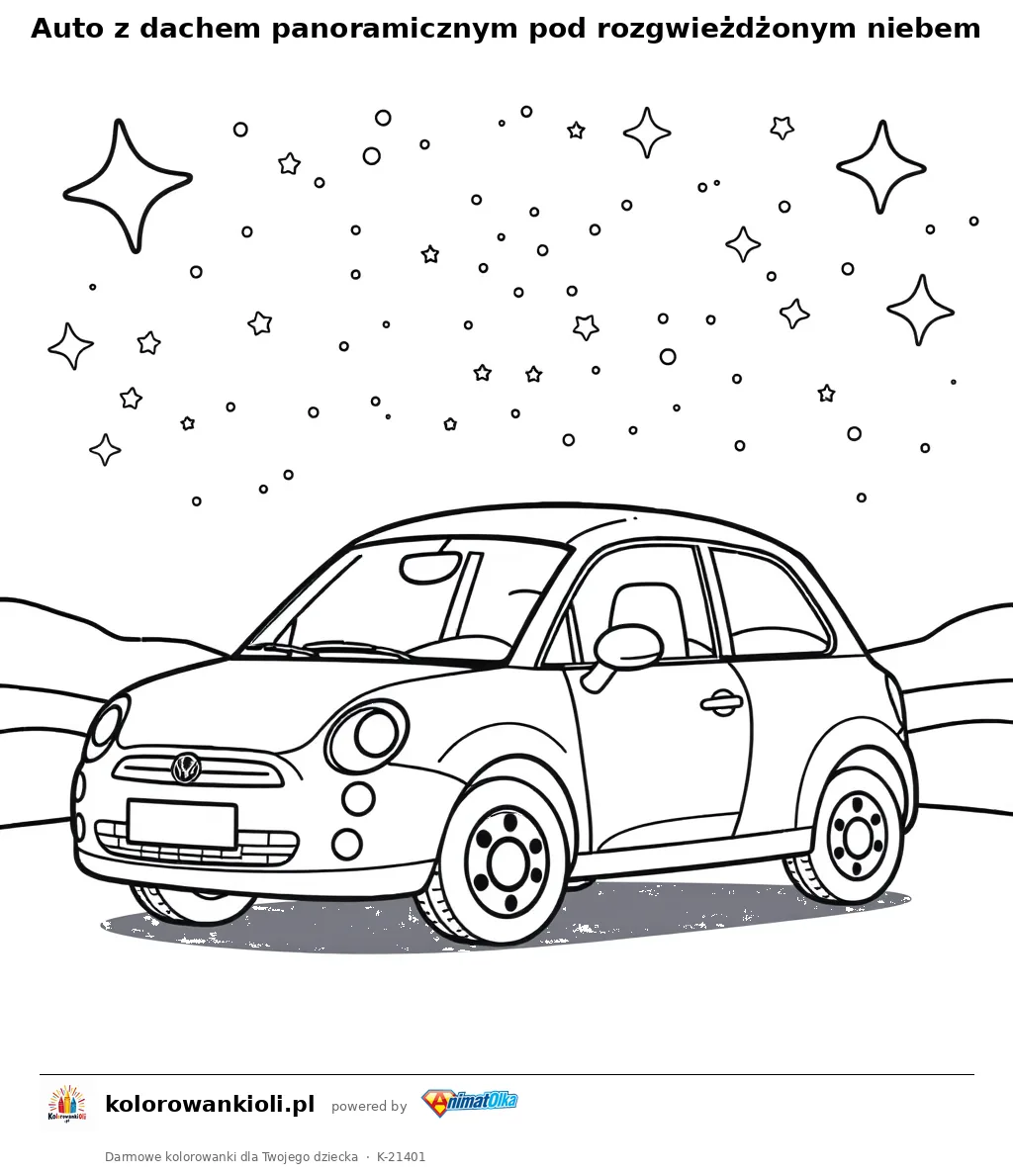 Auto z dachem panoramicznym pod rozgwieżdżonym niebem — kolorowanka do wydruku dla dzieci