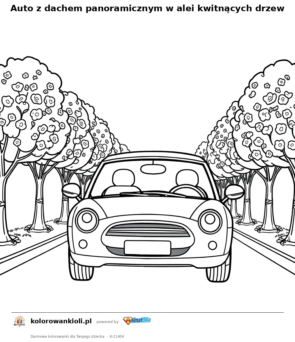 Auto z dachem panoramicznym w alei kwitnących drzew — kolorowanka do wydruku dla dzieci