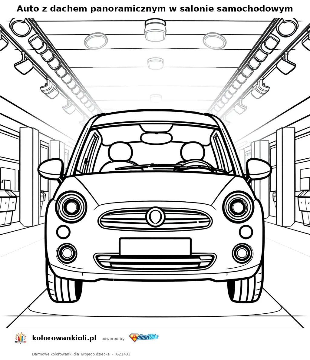 Auto z dachem panoramicznym w salonie samochodowym — kolorowanka do wydruku dla dzieci