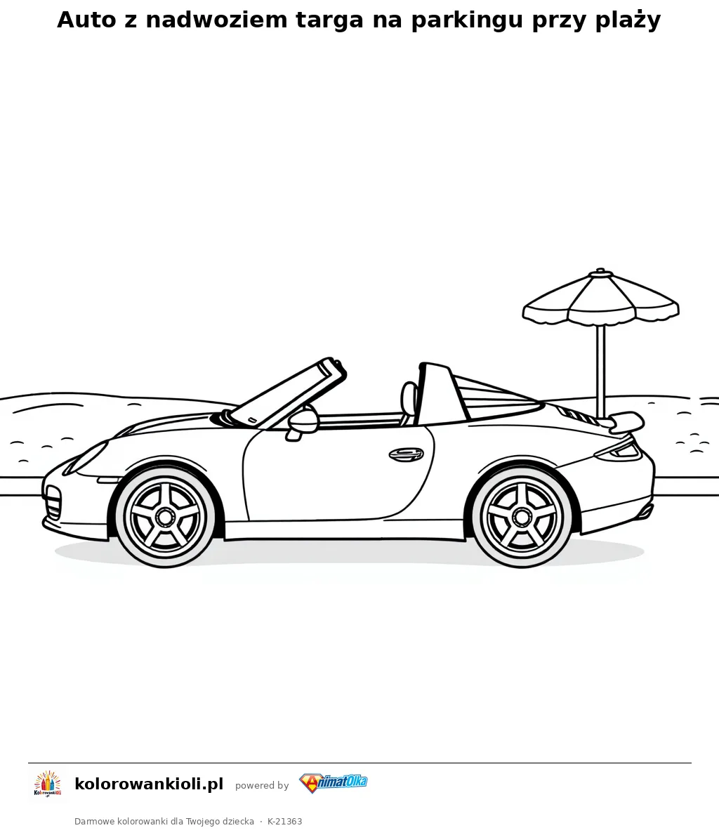 Auto z nadwoziem targa na parkingu przy plaży — kolorowanka do wydruku dla dzieci