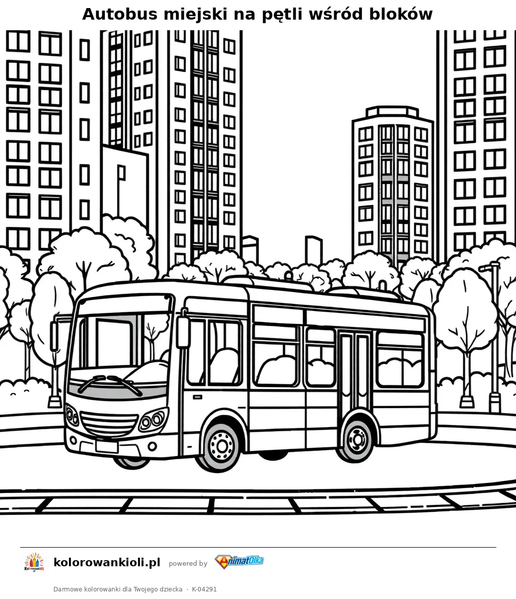 Autobus miejski na pętli wśród bloków — kolorowanka do wydruku dla dzieci
