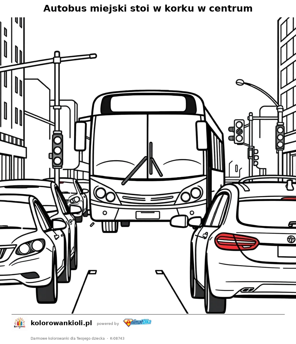 Autobus miejski stoi w korku w centrum — kolorowanka do wydruku dla dzieci
