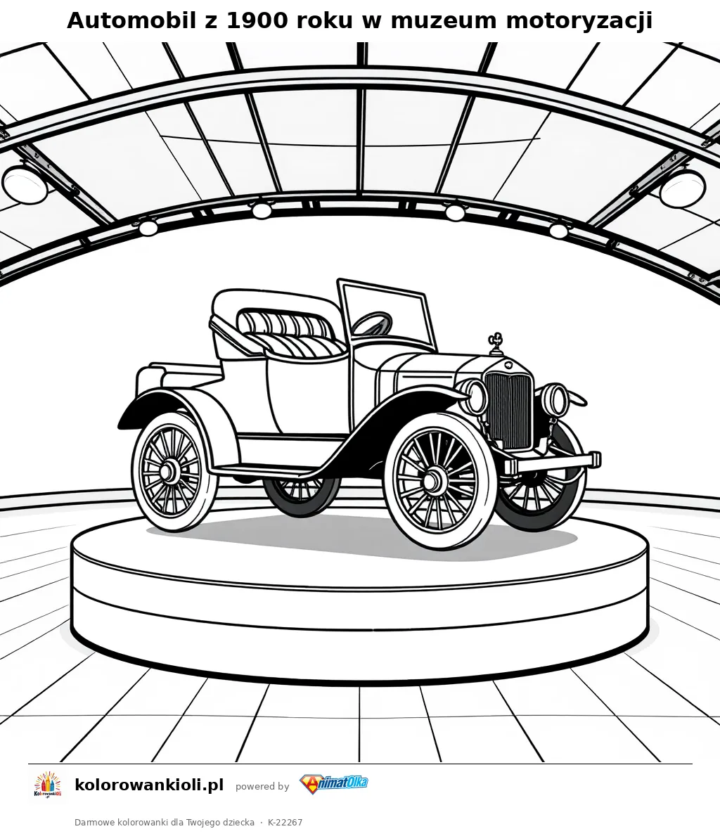 Automobil z 1900 roku w muzeum motoryzacji — kolorowanka do wydruku dla dzieci