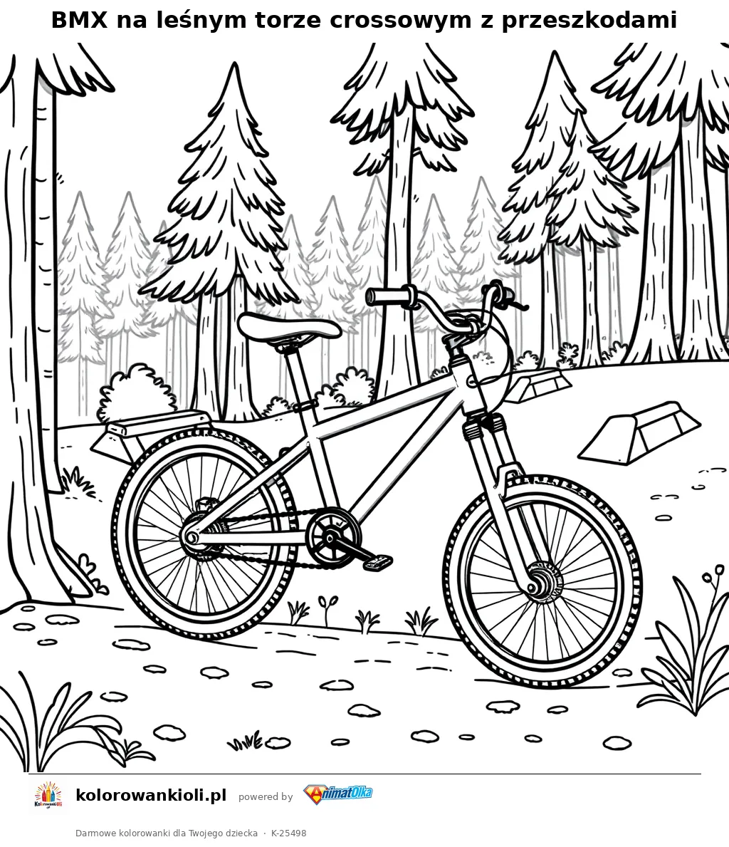 BMX na leśnym torze crossowym z przeszkodami — kolorowanka do wydruku dla dzieci