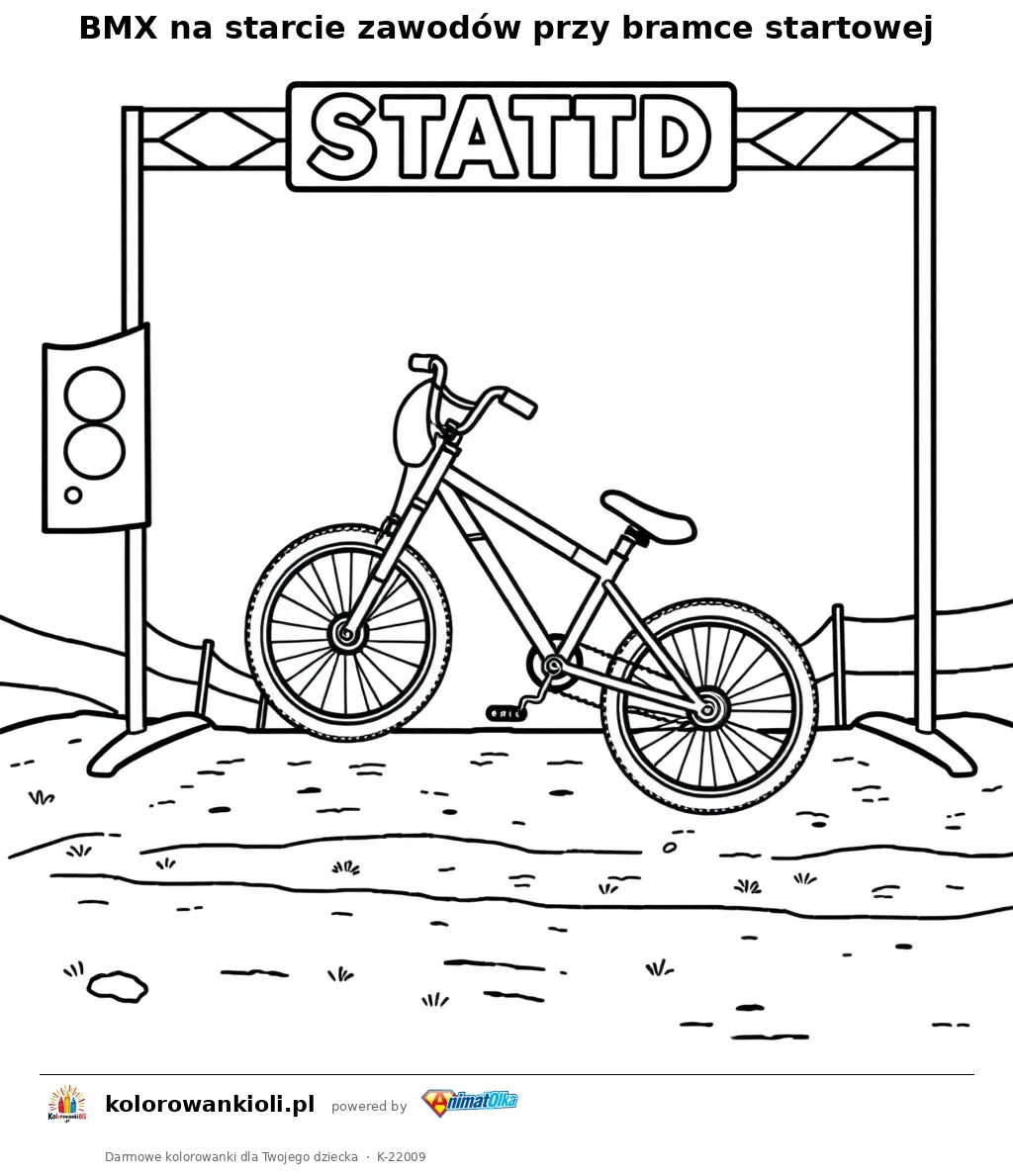 BMX na starcie zawodów przy bramce startowej — kolorowanka do wydruku dla dzieci