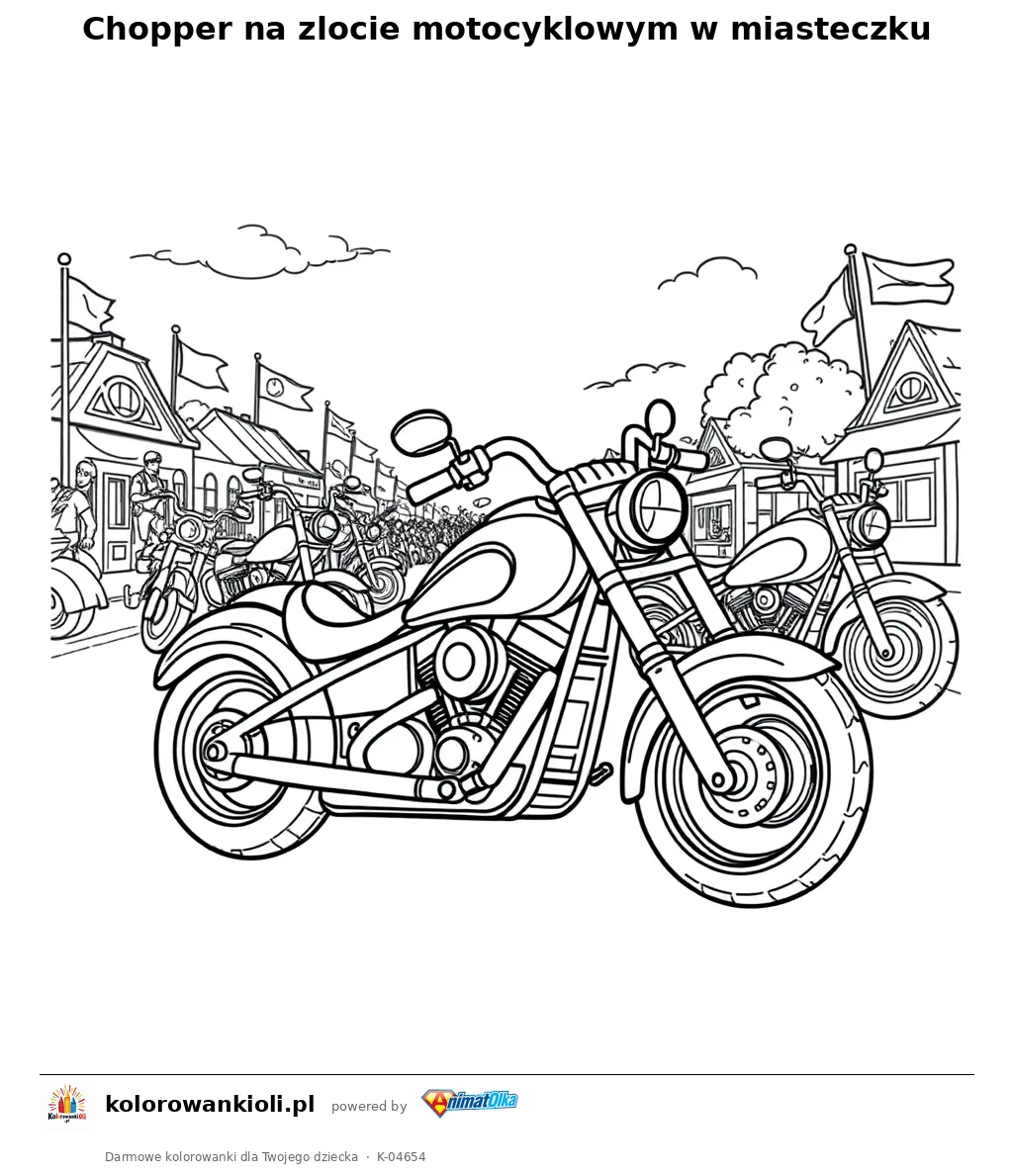 Chopper na zlocie motocyklowym w miasteczku — kolorowanka do wydruku dla dzieci