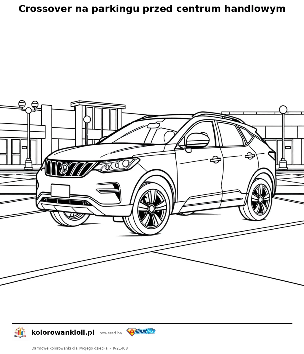 Crossover na parkingu przed centrum handlowym — kolorowanka do wydruku dla dzieci
