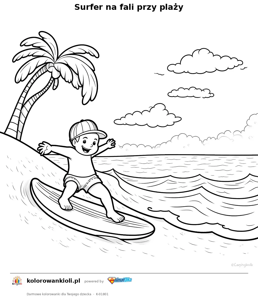 Surfer na fali przy plaży — kolorowanka do wydruku dla dzieci
