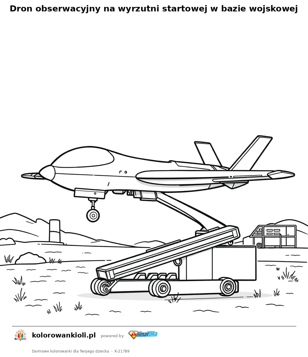 Dron obserwacyjny na wyrzutni startowej w bazie wojskowej — kolorowanka do wydruku dla dzieci
