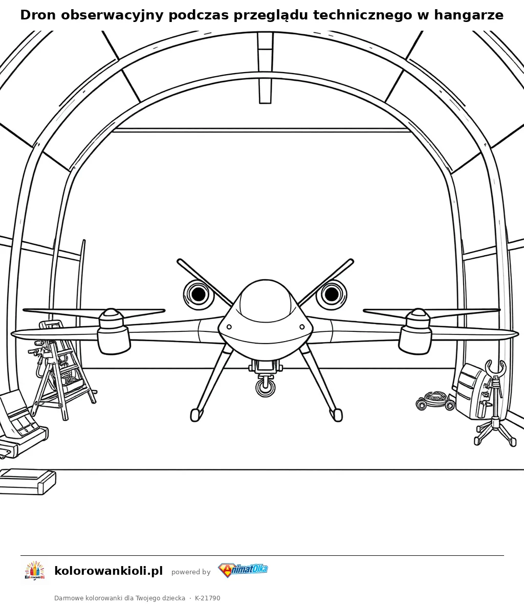 Dron obserwacyjny podczas przeglądu technicznego w hangarze — kolorowanka do wydruku dla dzieci