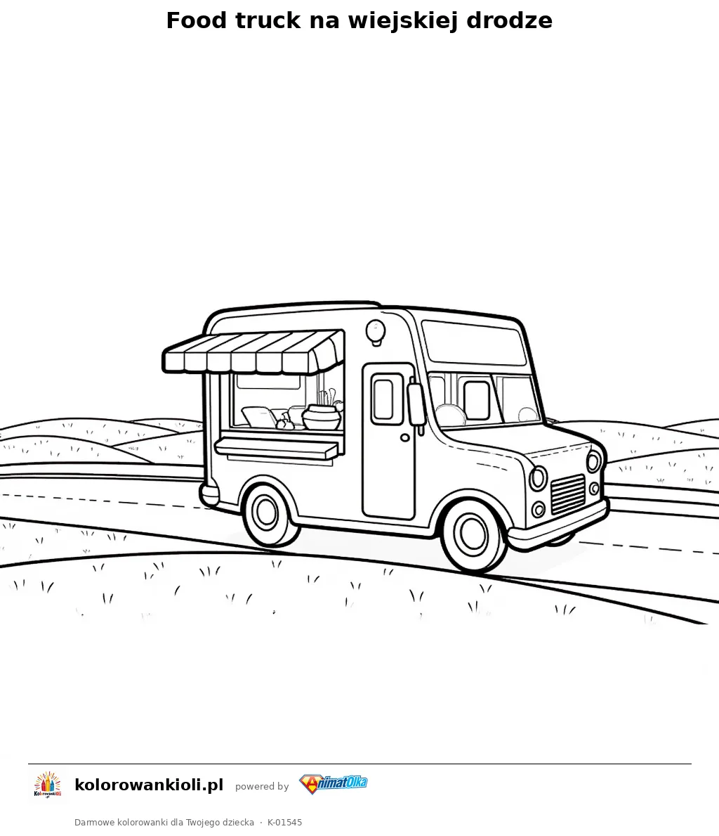 Food truck na wiejskiej drodze — kolorowanka do wydruku dla dzieci
