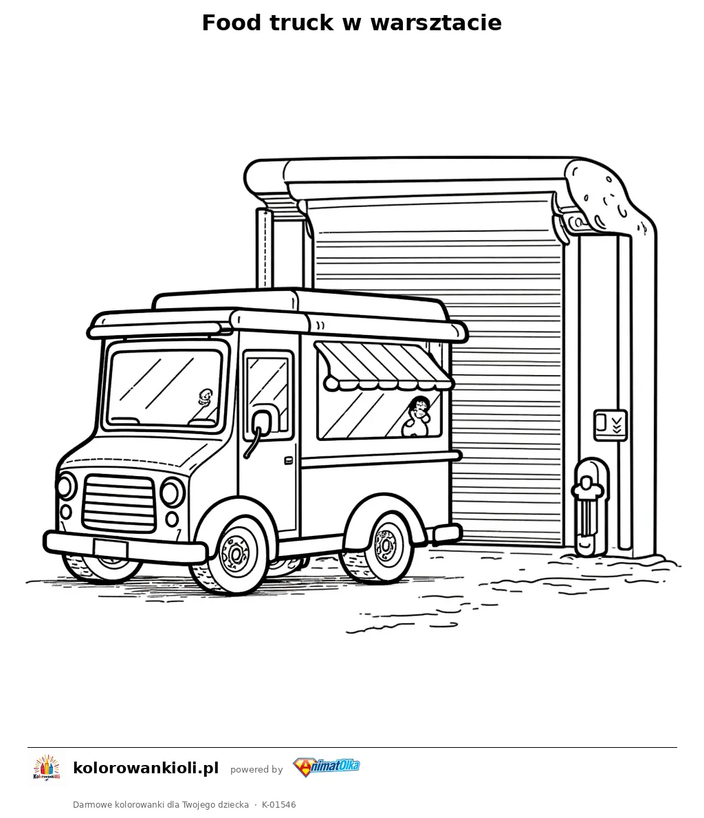 Food truck w warsztacie — kolorowanka do wydruku dla dzieci