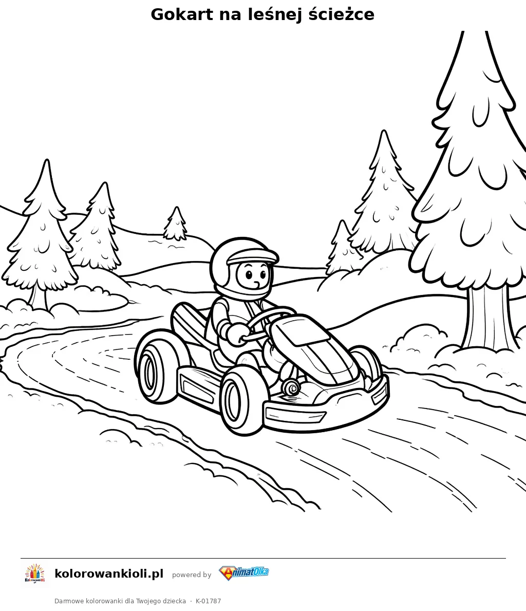 Gokart na leśnej ścieżce — kolorowanka do wydruku dla dzieci