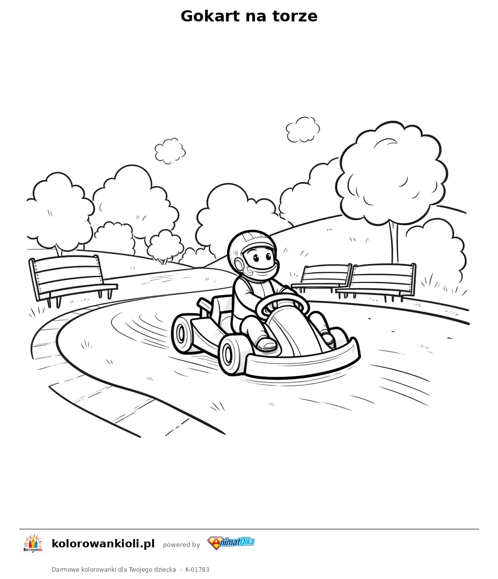 Gokart na torze — kolorowanka do wydruku dla dzieci