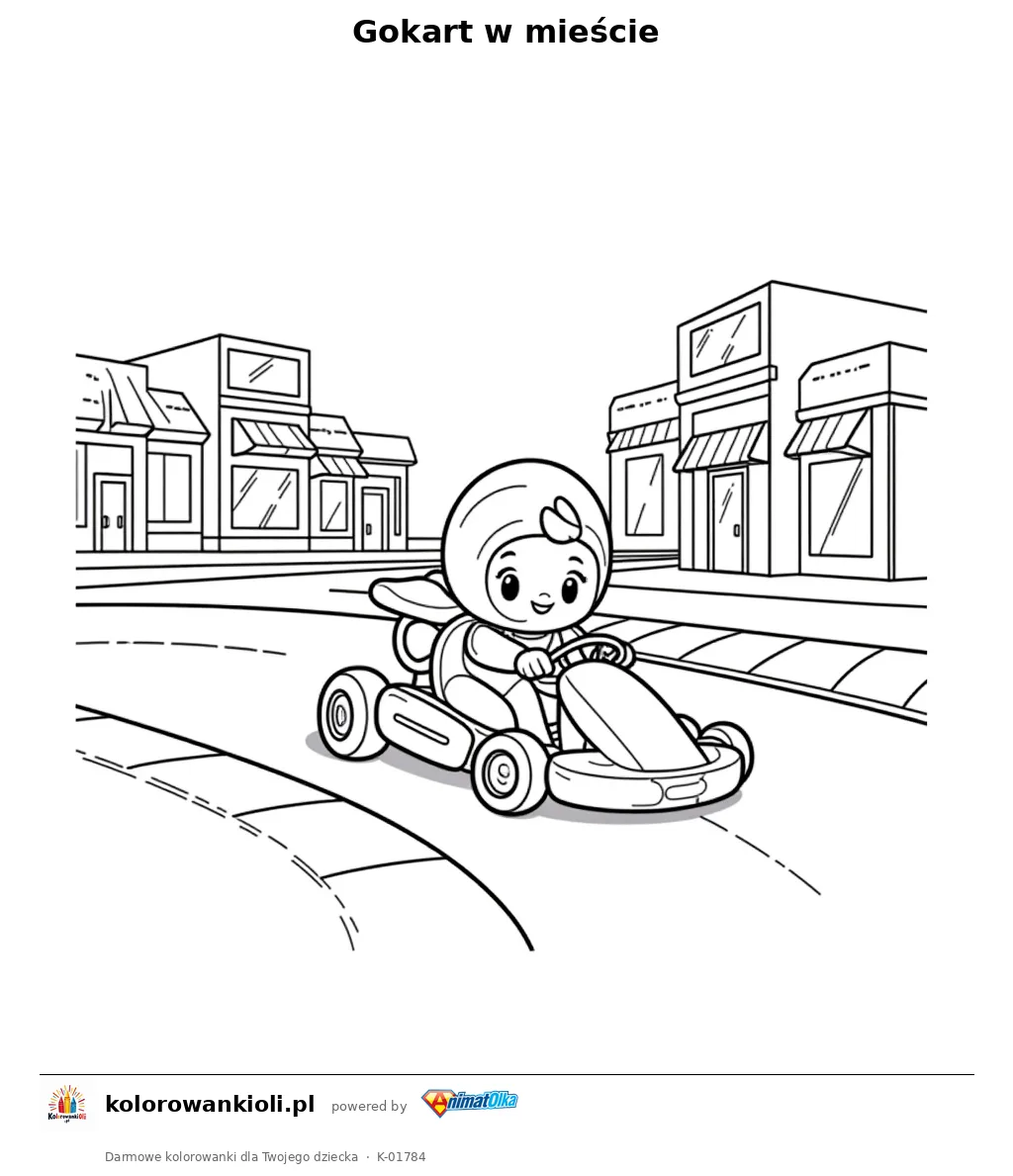 Gokart w mieście — kolorowanka do wydruku dla dzieci