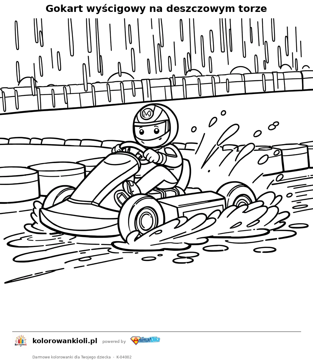 Gokart wyścigowy na deszczowym torze — kolorowanka do wydruku dla dzieci