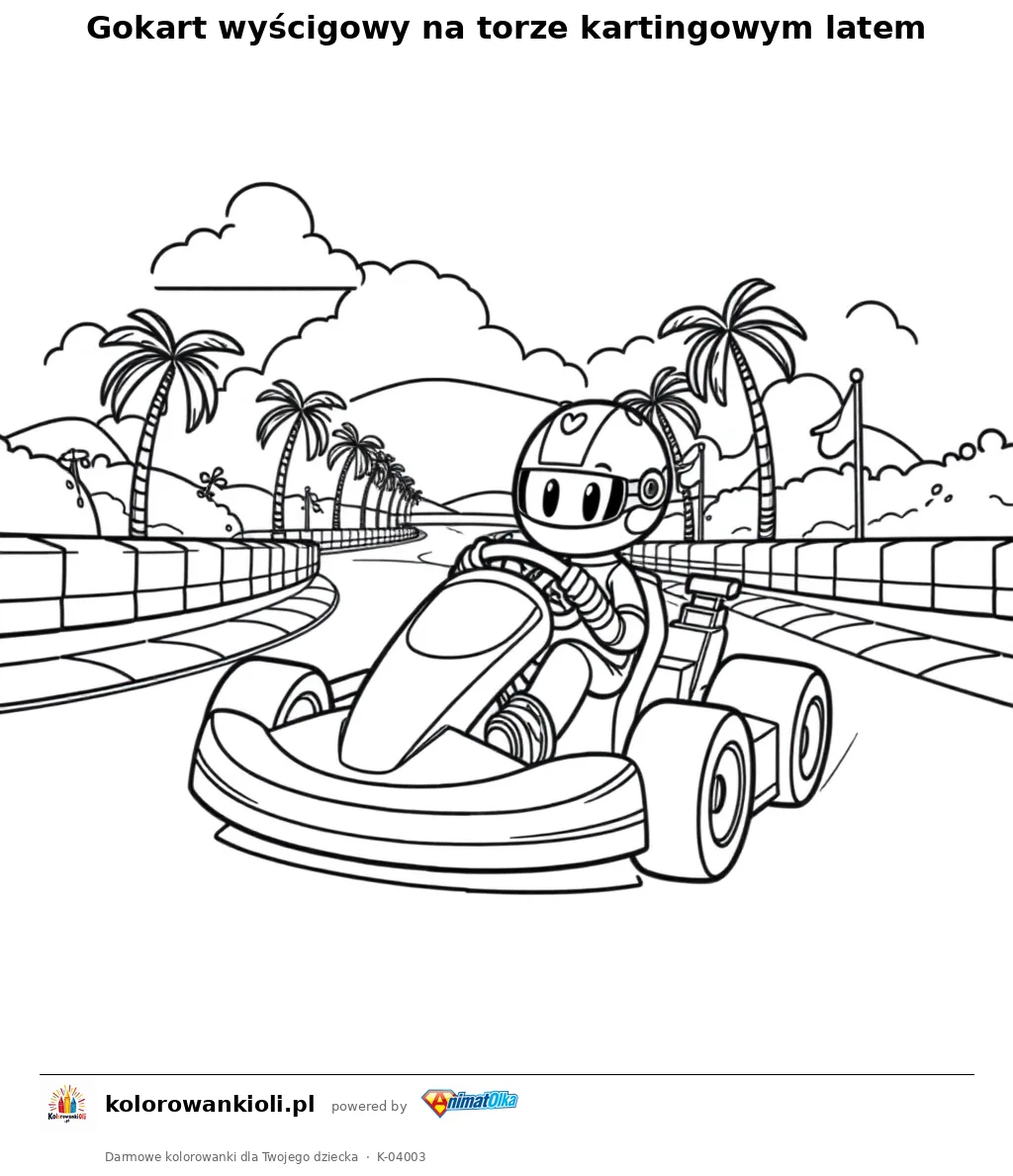 Gokart wyścigowy na torze kartingowym latem — kolorowanka do wydruku dla dzieci