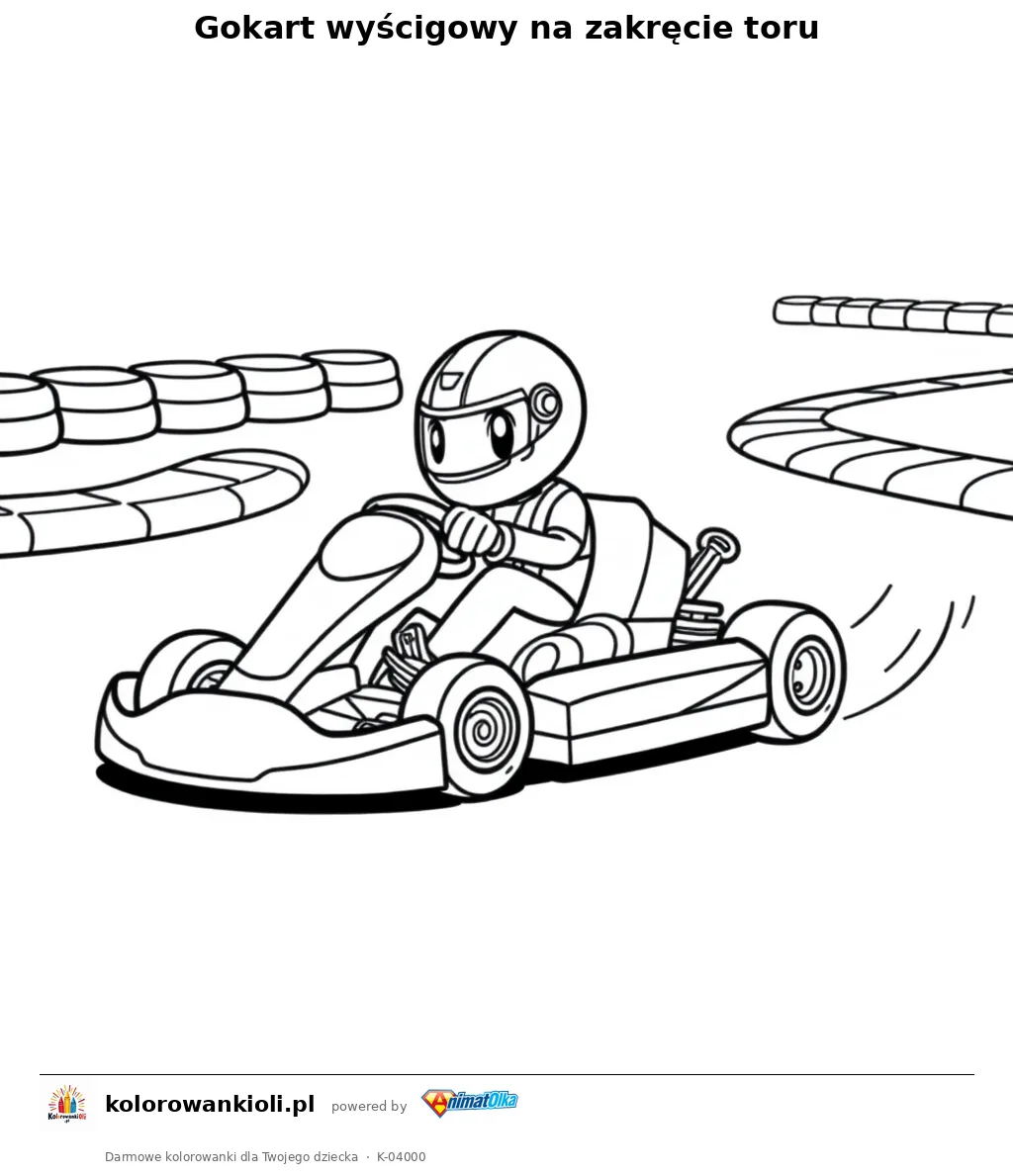 Gokart wyścigowy na zakręcie toru — kolorowanka do wydruku dla dzieci