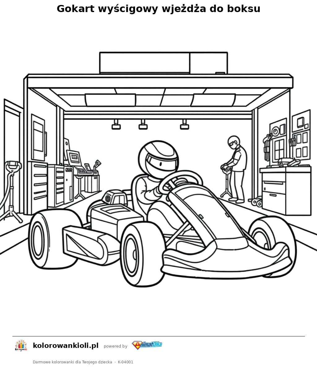 Gokart wyścigowy wjeżdża do boksu — kolorowanka do wydruku dla dzieci