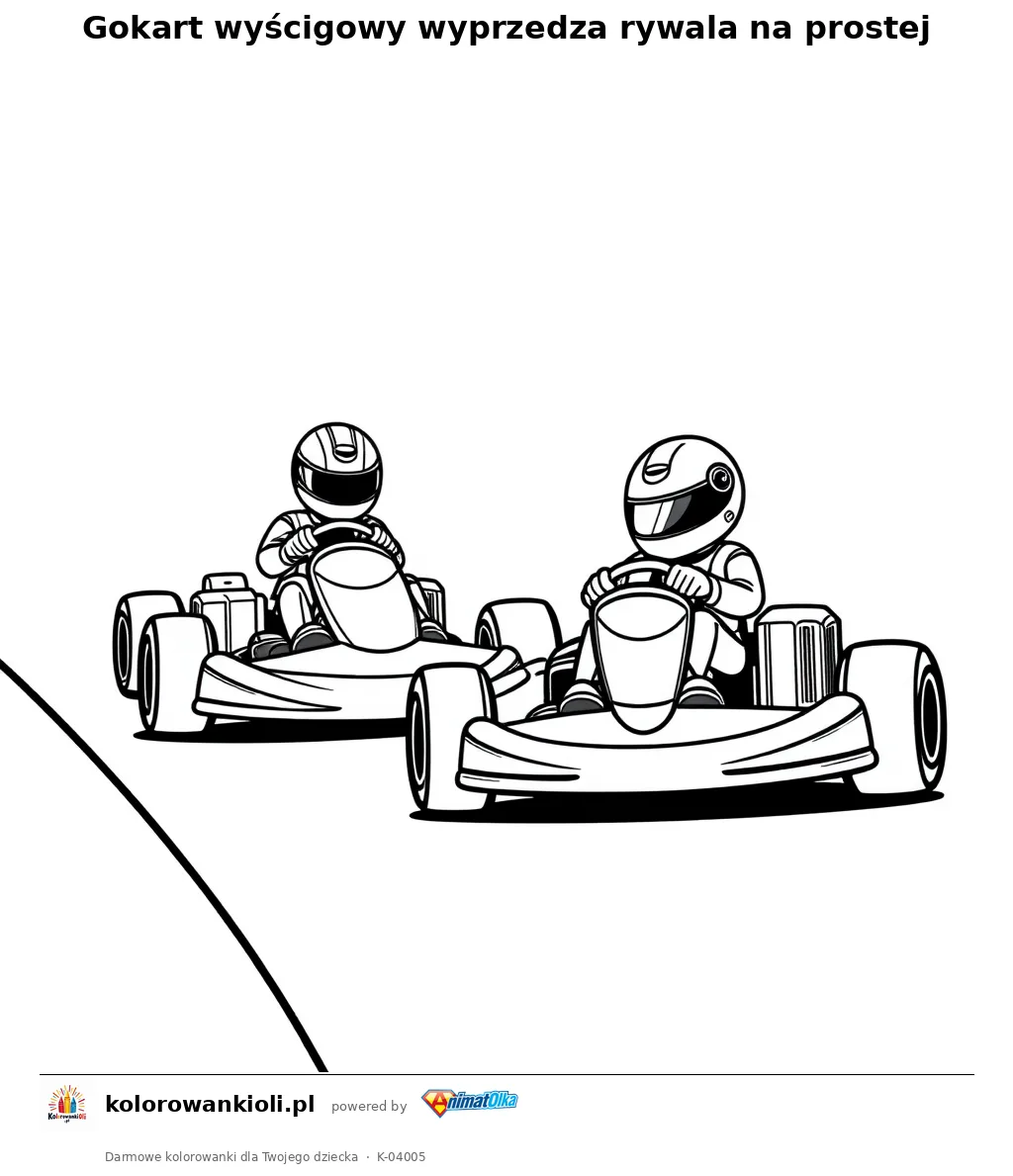 Gokart wyścigowy wyprzedza rywala na prostej — kolorowanka do wydruku dla dzieci
