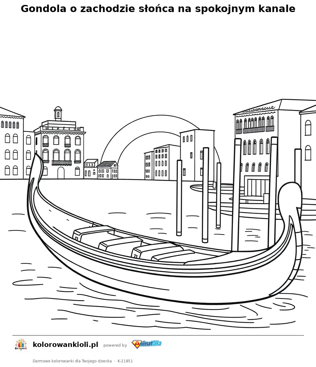 Gondola o zachodzie słońca na spokojnym kanale — kolorowanka do wydruku dla dzieci