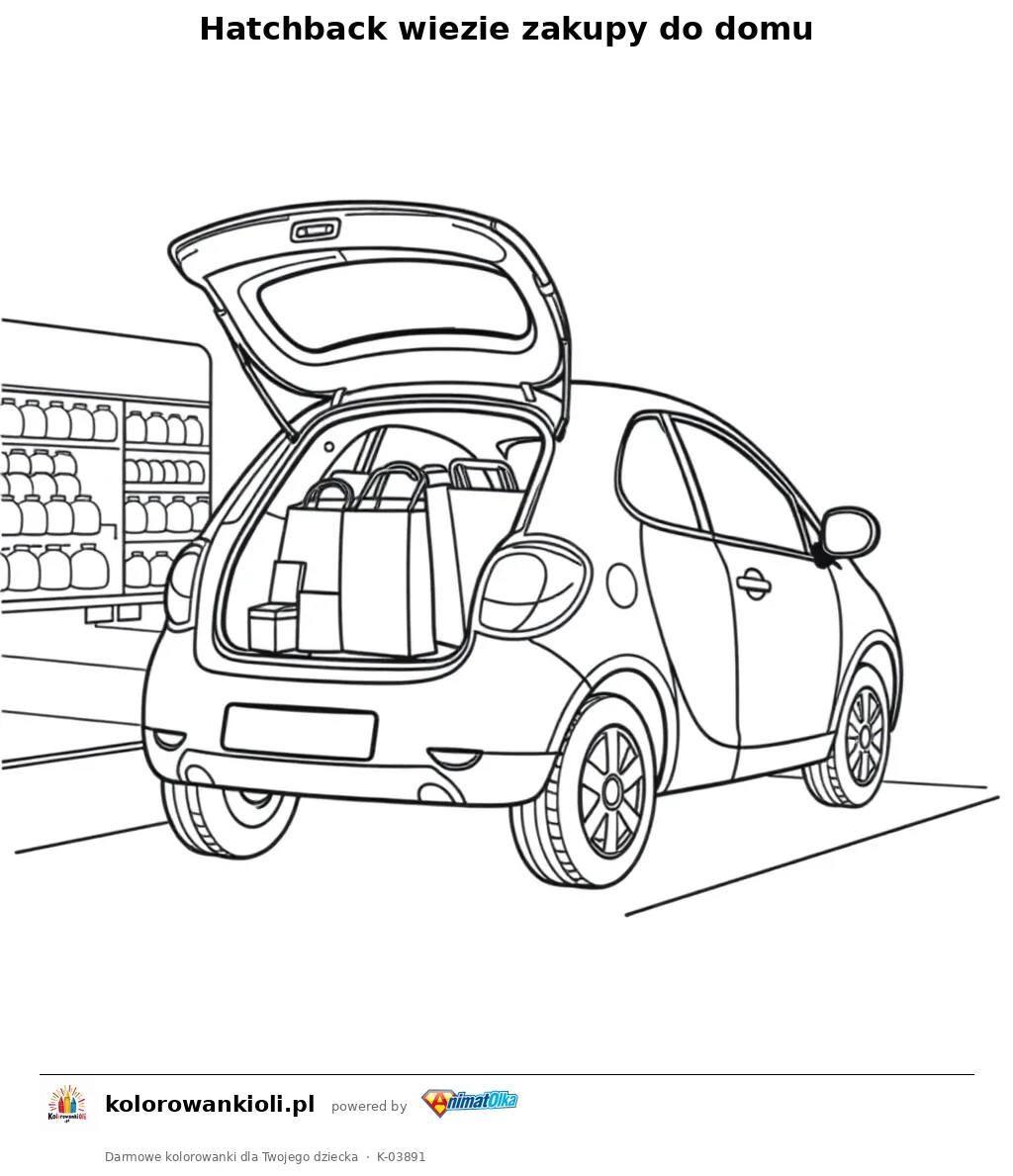 Hatchback wiezie zakupy do domu — kolorowanka do wydruku dla dzieci