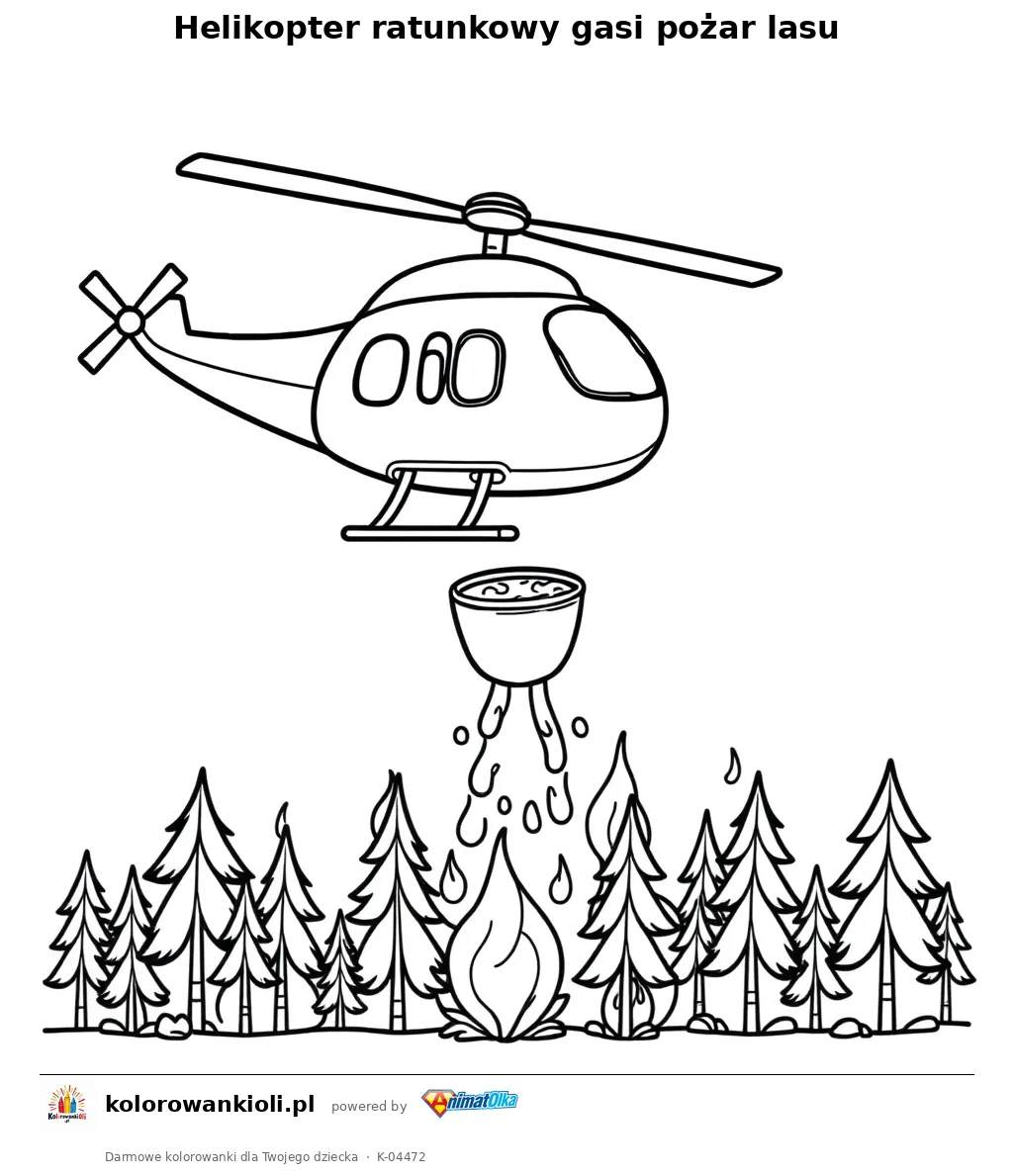 Helikopter ratunkowy gasi pożar lasu — kolorowanka do wydruku dla dzieci