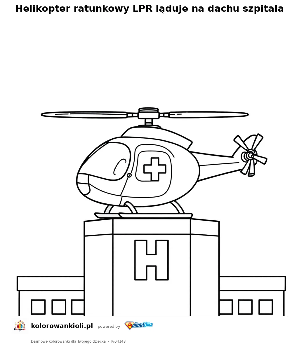 Helikopter ratunkowy LPR ląduje na dachu szpitala — kolorowanka do wydruku dla dzieci