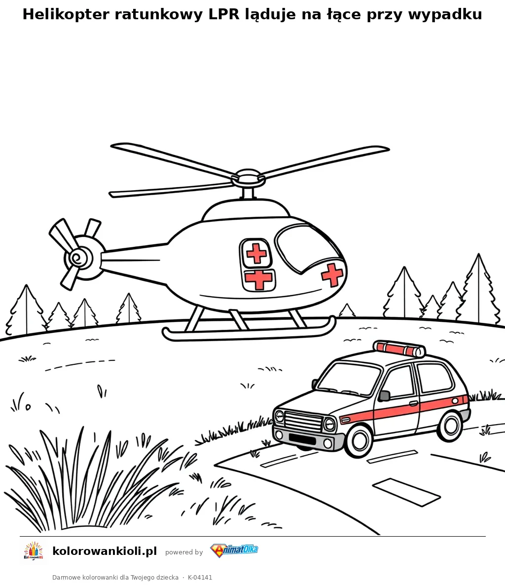 Helikopter ratunkowy LPR ląduje na łące przy wypadku — kolorowanka do wydruku dla dzieci