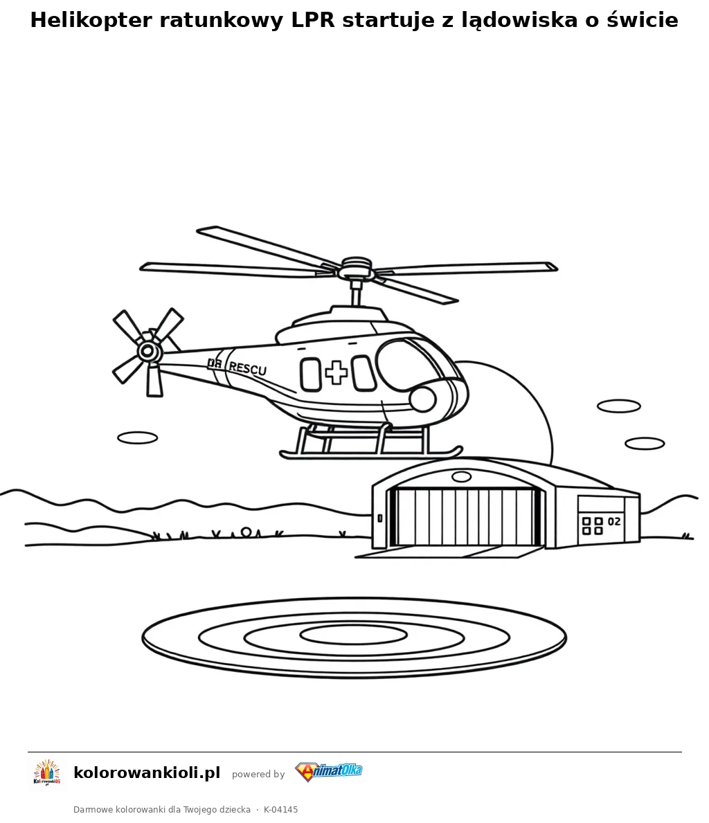 Helikopter ratunkowy LPR startuje z lądowiska o świcie — kolorowanka do wydruku dla dzieci