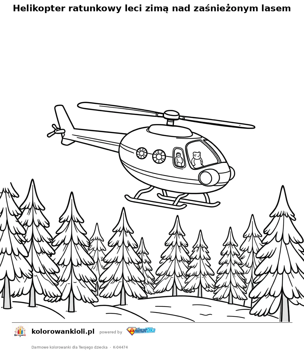 Helikopter ratunkowy leci zimą nad zaśnieżonym lasem — kolorowanka do wydruku dla dzieci