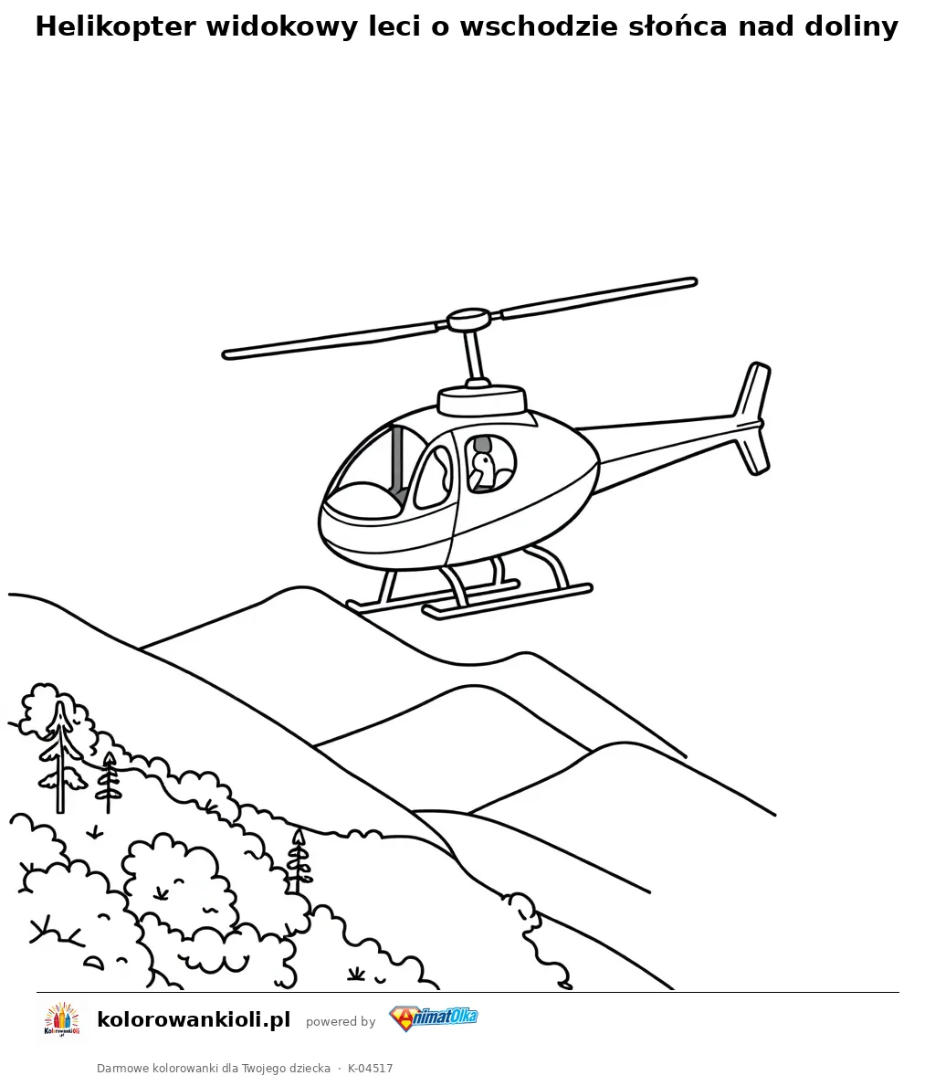 Helikopter widokowy leci o wschodzie słońca nad doliny — kolorowanka do wydruku dla dzieci