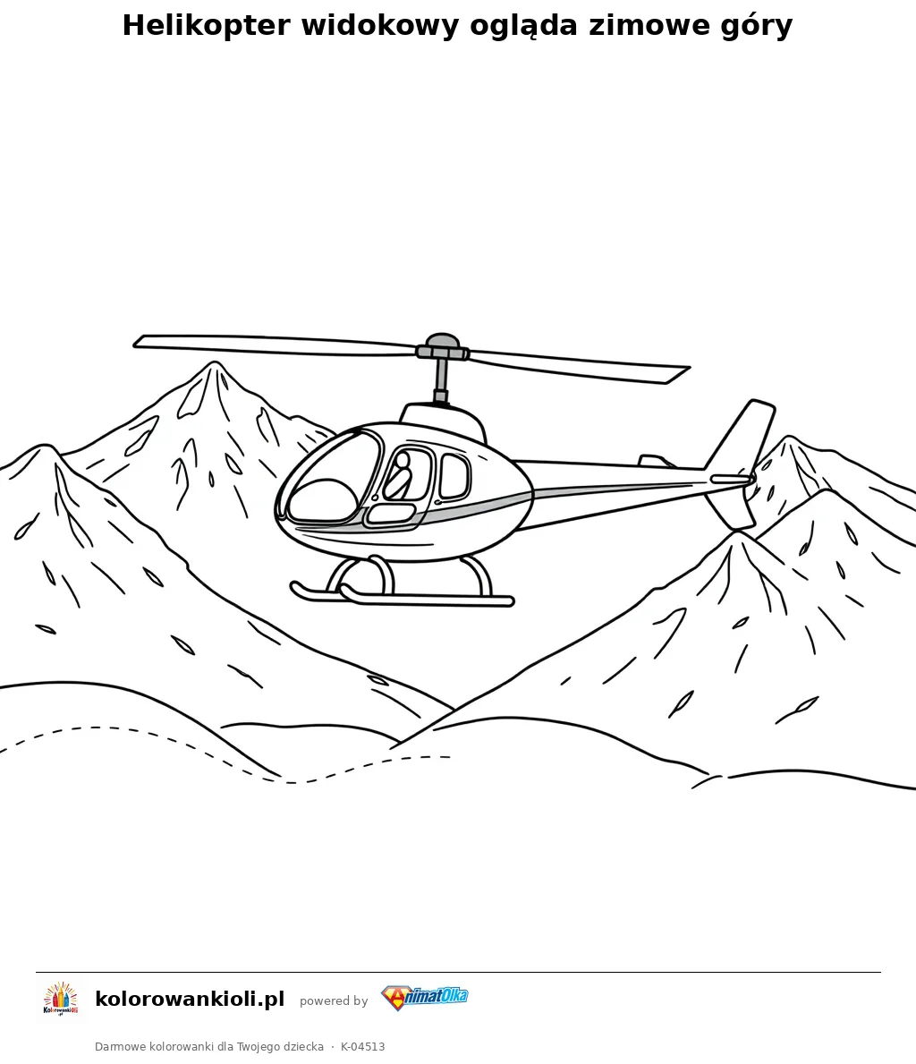 Helikopter widokowy ogląda zimowe góry — kolorowanka do wydruku dla dzieci