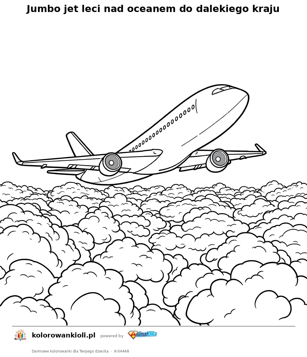 Jumbo jet leci nad oceanem do dalekiego kraju — kolorowanka do wydruku dla dzieci