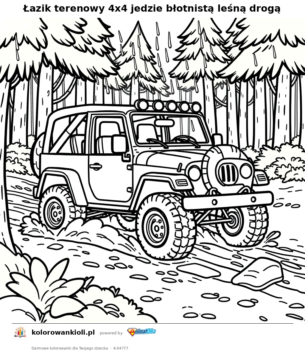 Łazik terenowy 4x4 jedzie błotnistą leśną drogą — kolorowanka do wydruku dla dzieci