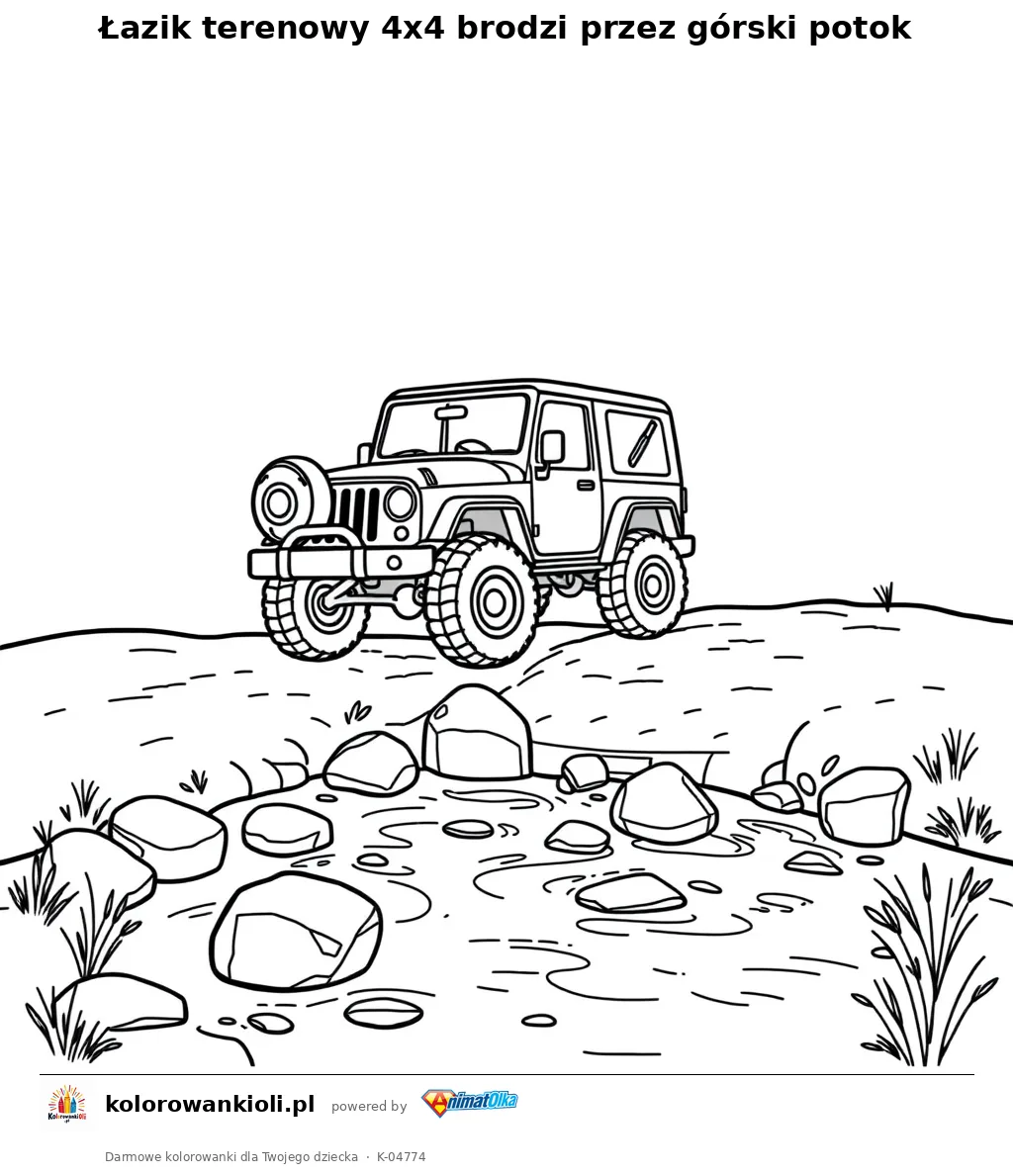 Łazik terenowy 4x4 brodzi przez górski potok — kolorowanka do wydruku dla dzieci