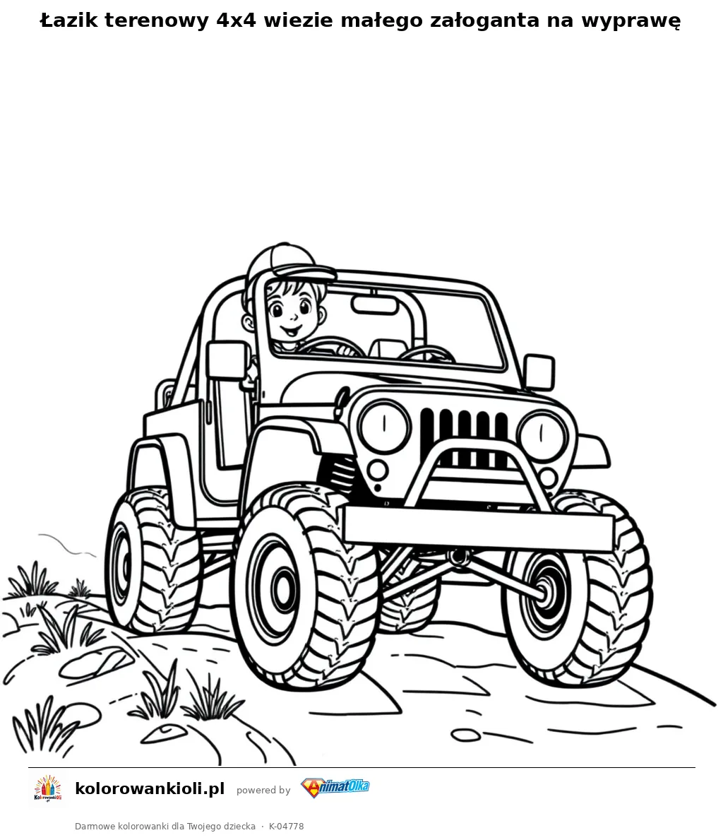 Łazik terenowy 4x4 wiezie małego załoganta na wyprawę — kolorowanka do wydruku dla dzieci