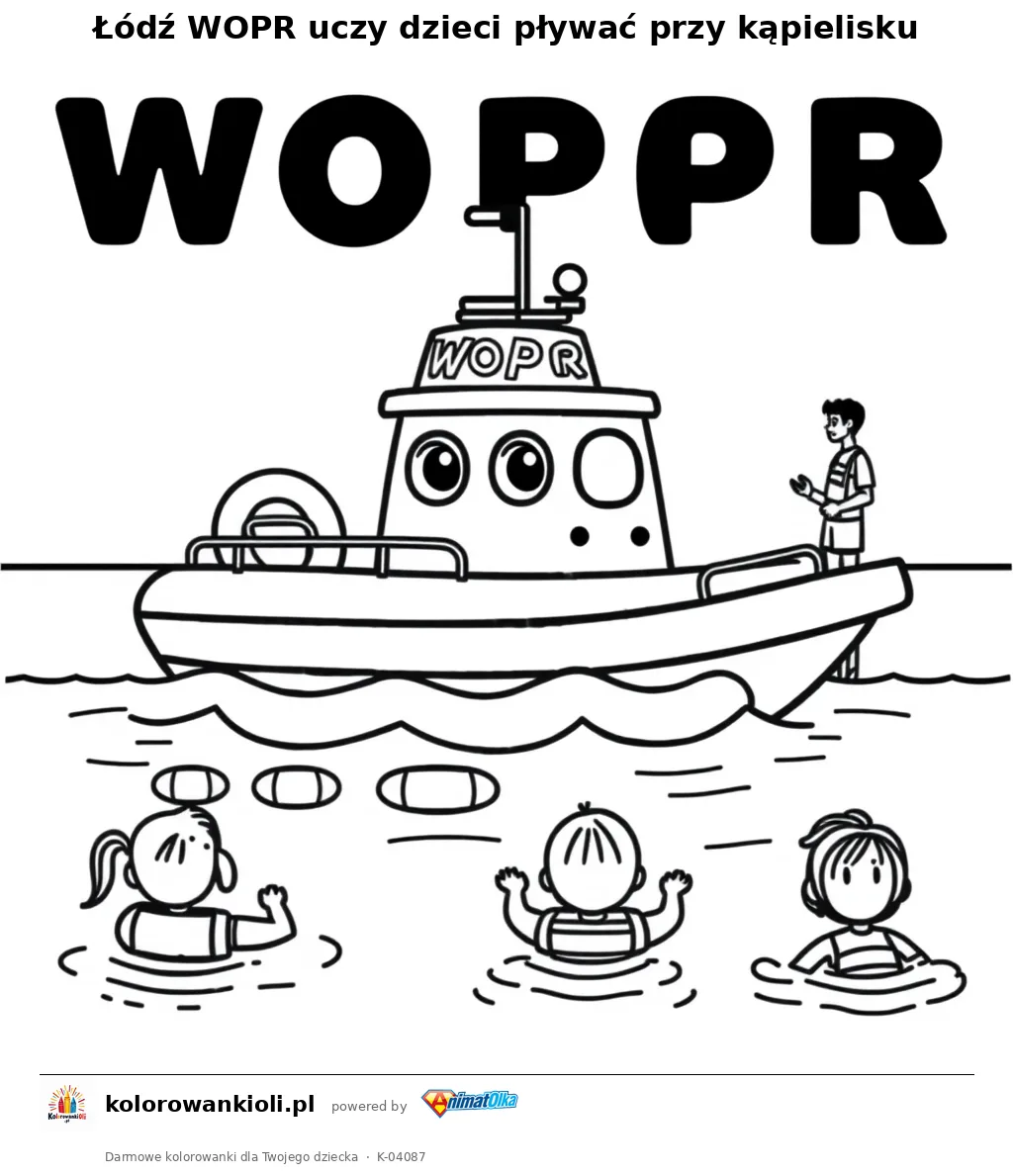 Łódź WOPR uczy dzieci pływać przy kąpielisku — kolorowanka do wydruku dla dzieci