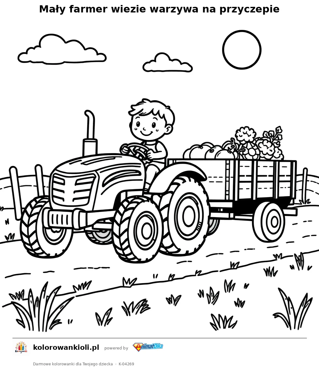 Mały farmer wiezie warzywa na przyczepie — kolorowanka do wydruku dla dzieci