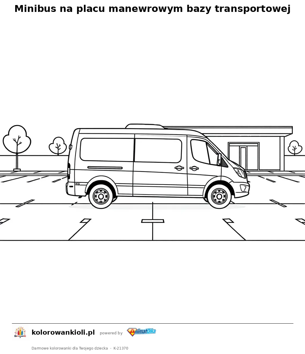 Minibus na placu manewrowym bazy transportowej — kolorowanka do wydruku dla dzieci