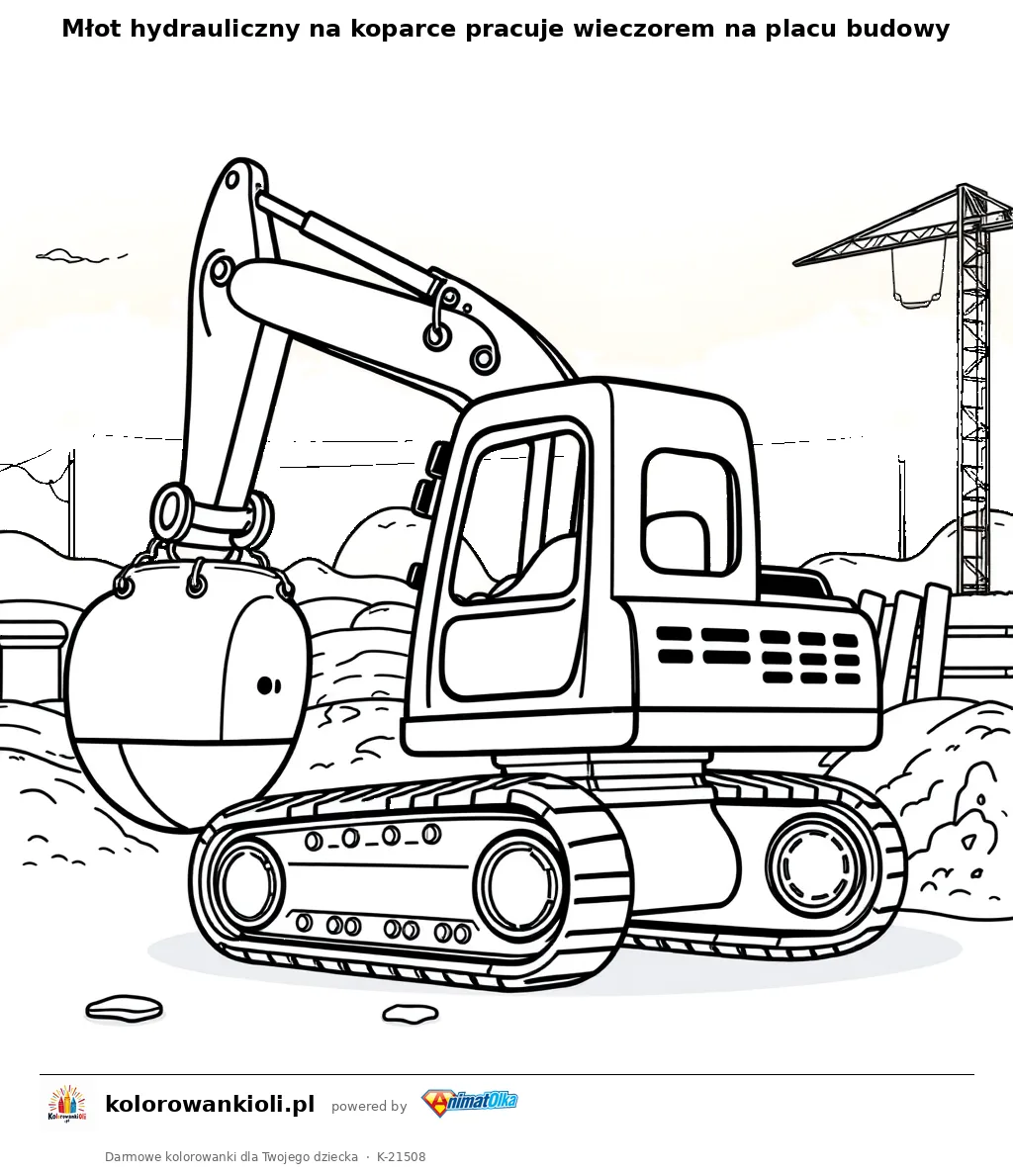 Młot hydrauliczny na koparce pracuje wieczorem na placu budowy — kolorowanka do wydruku dla dzieci