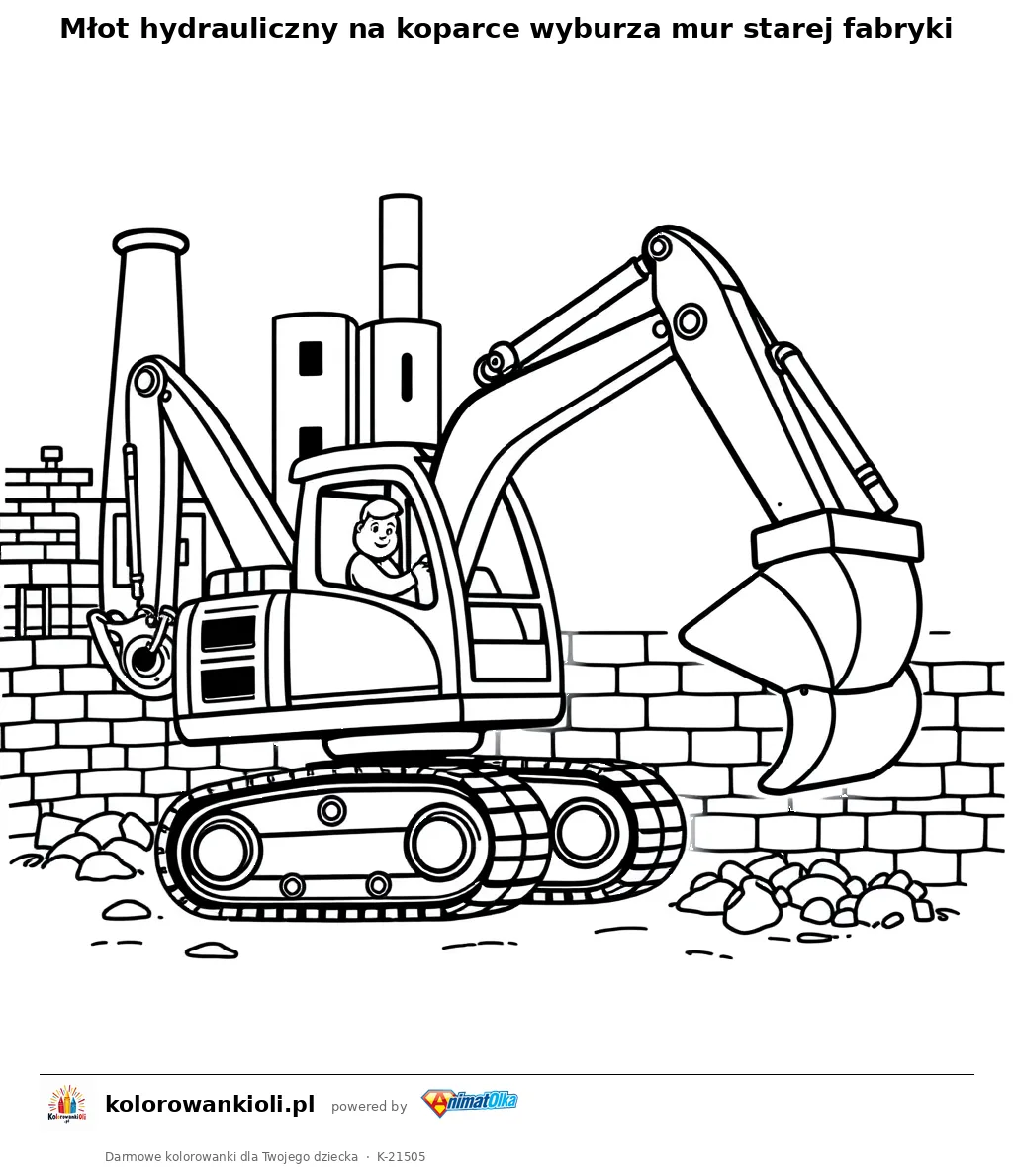 Młot hydrauliczny na koparce wyburza mur starej fabryki — kolorowanka do wydruku dla dzieci