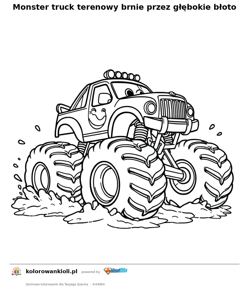 Monster truck terenowy brnie przez głębokie błoto — kolorowanka do wydruku dla dzieci