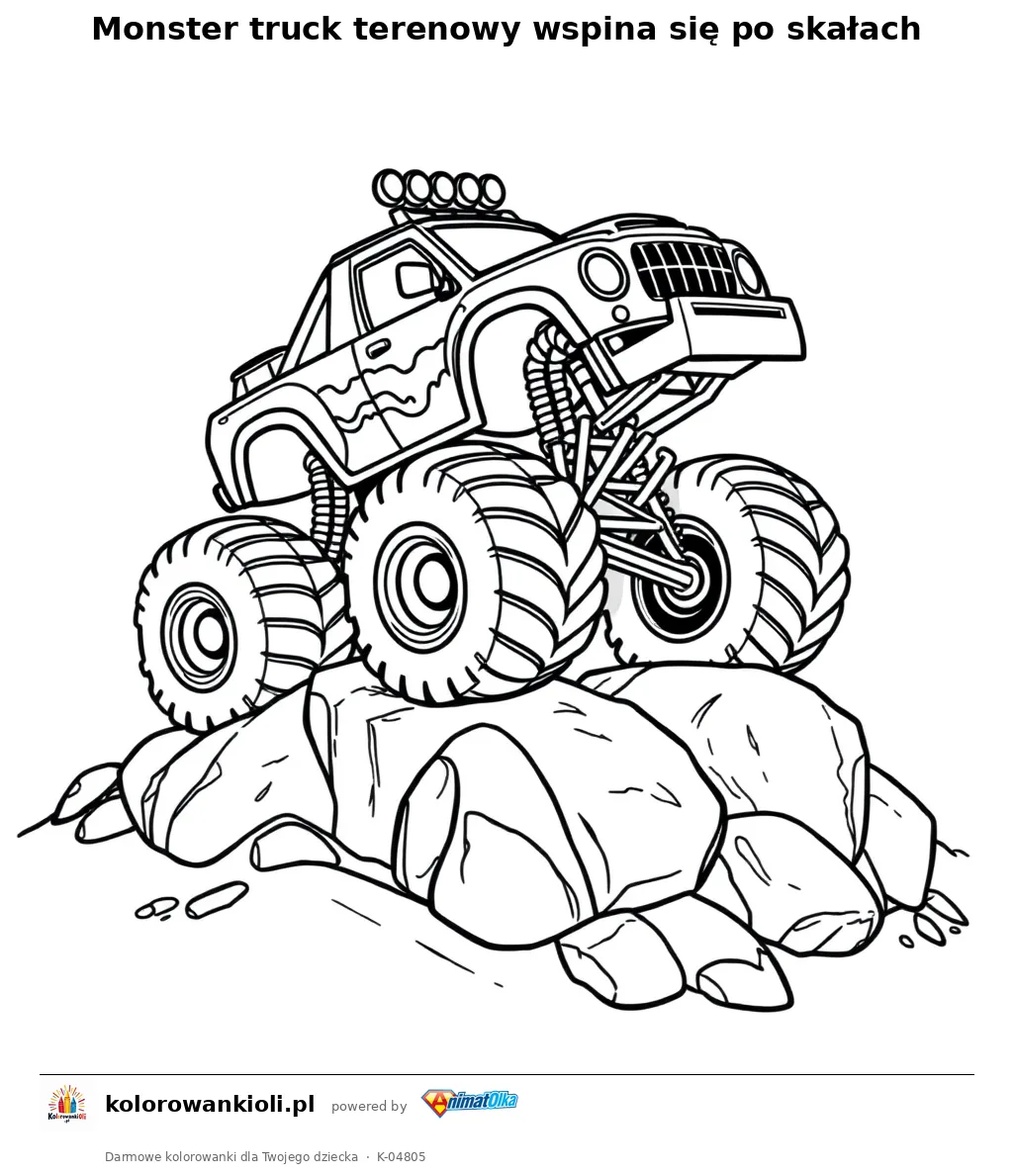 Monster truck terenowy wspina się po skałach — kolorowanka do wydruku dla dzieci